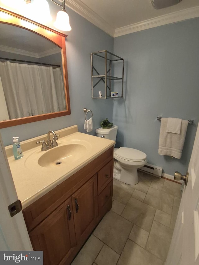 bathroom with crown molding, toilet, vanity, baseboard heating, and tile patterned flooring