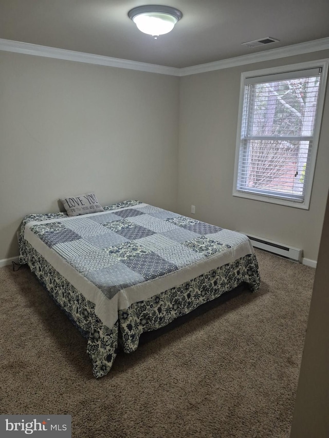 bedroom with crown molding, baseboard heating, baseboards, visible vents, and carpet