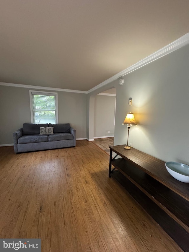 22 Alden Ct, Berlin, MD 21811 - living area featuring wood finished floors, crown molding, baseboards, and arched walkways