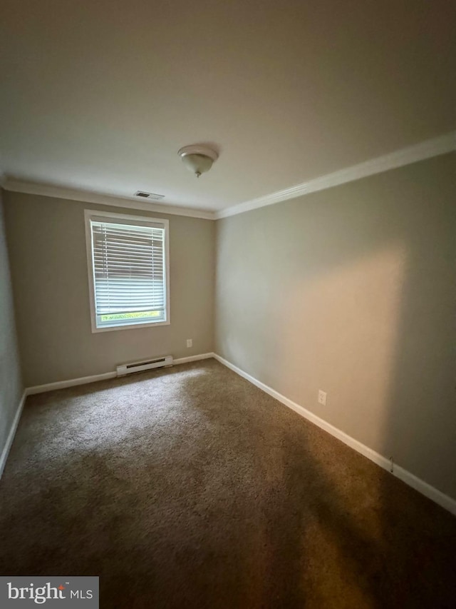 22 Alden Ct, Berlin, MD 21811 - empty room with crown molding, a baseboard heating unit, baseboards, and dark colored carpet