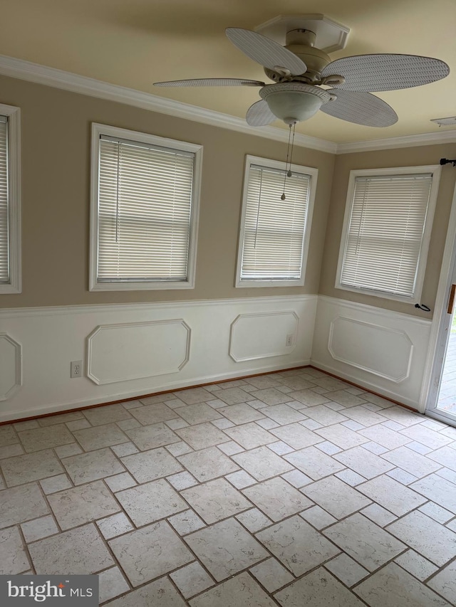 22 Alden Ct, Berlin, MD 21811 - unfurnished room featuring ornamental molding, wainscoting, a ceiling fan, and brick floors