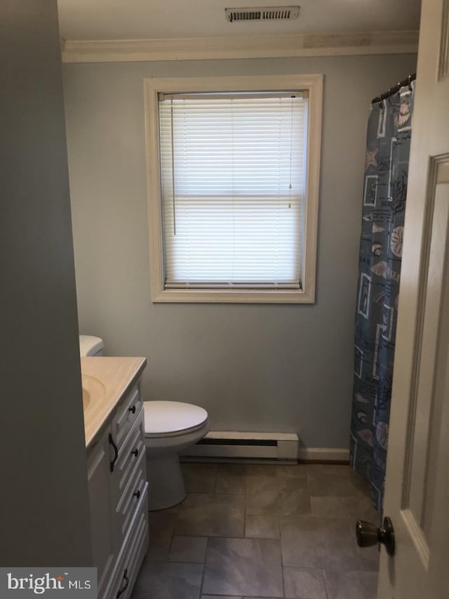 bathroom with crown molding, visible vents, toilet, a baseboard heating unit, and vanity