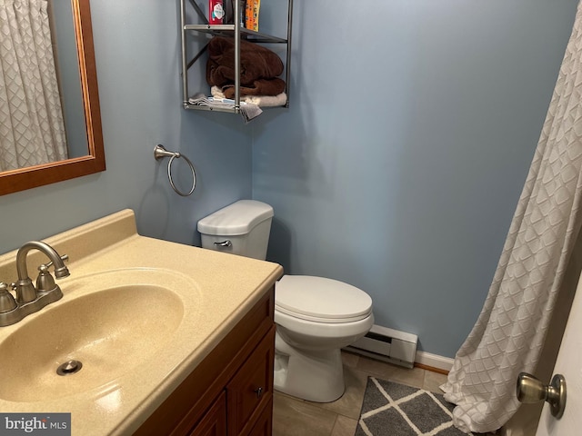 bathroom featuring curtained shower, toilet, a baseboard heating unit, vanity, and tile patterned floors