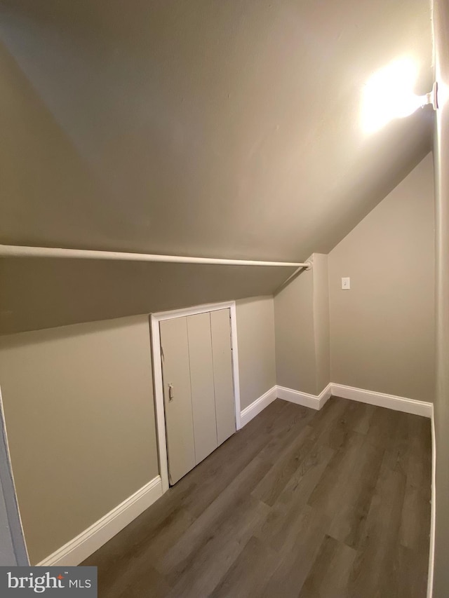 additional living space featuring dark wood-type flooring, baseboards, and vaulted ceiling