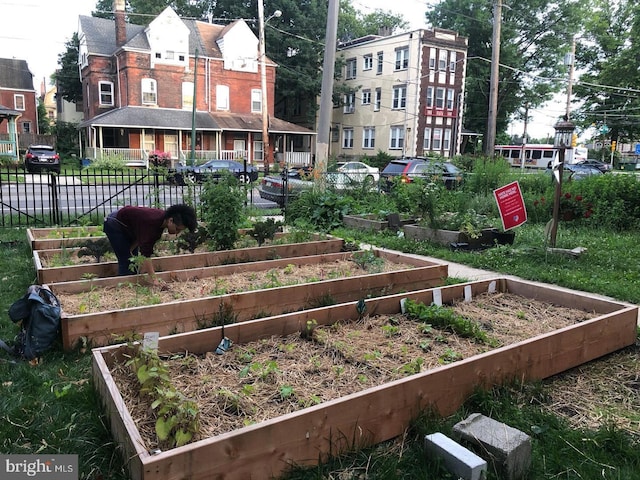 view of home's community with fence and a vegetable garden