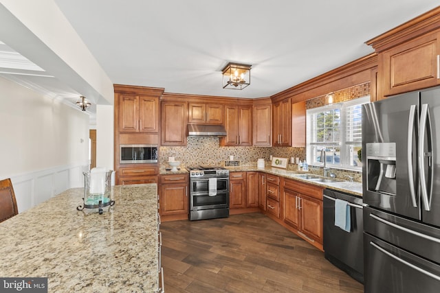 kitchen with a wainscoted wall, decorative backsplash, appliances with stainless steel finishes, brown cabinetry, and under cabinet range hood