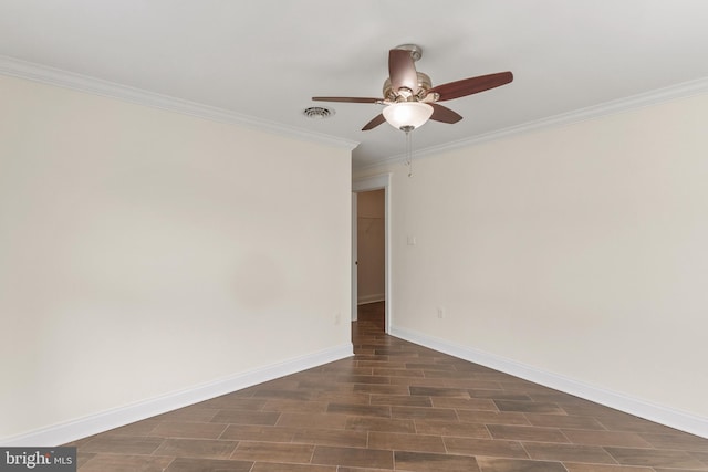 unfurnished room featuring baseboards, visible vents, a ceiling fan, ornamental molding, and wood tiled floor