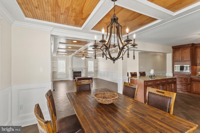 dining space featuring coffered ceiling, wooden ceiling, a fireplace, and beam ceiling