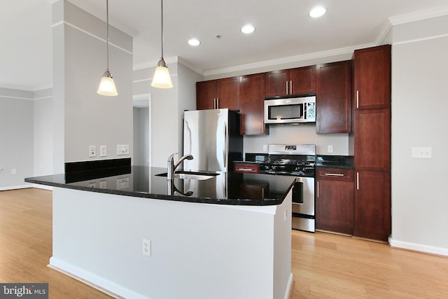 kitchen with light wood-type flooring, a sink, stainless steel appliances, crown molding, and hanging light fixtures