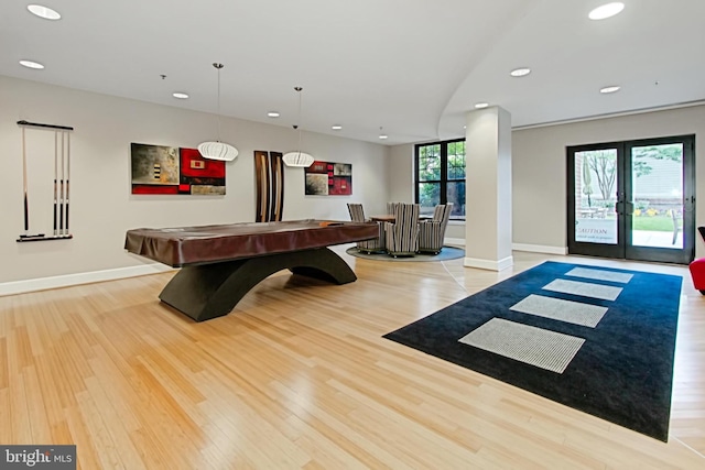 game room with baseboards, light wood-type flooring, recessed lighting, french doors, and billiards