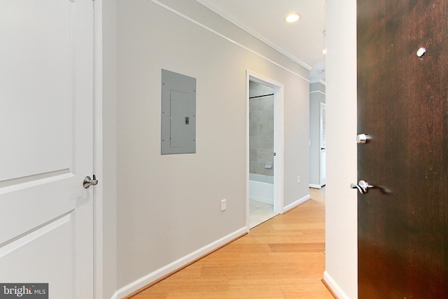 hallway with baseboards, light wood-style flooring, electric panel, recessed lighting, and crown molding