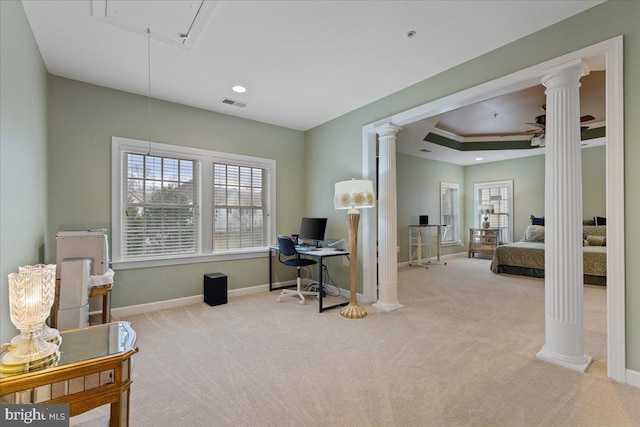 office featuring attic access, baseboards, carpet flooring, and ornate columns