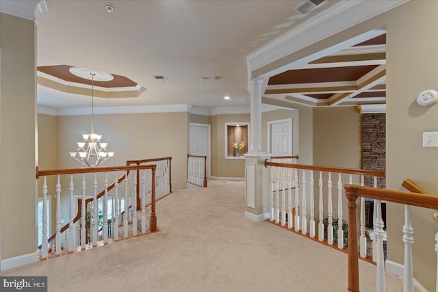 hallway featuring beam ceiling, coffered ceiling, an upstairs landing, and an inviting chandelier