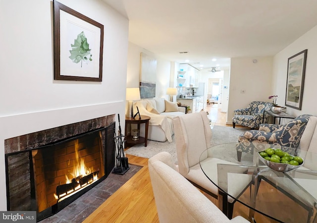 living area featuring wood finished floors and a fireplace with flush hearth