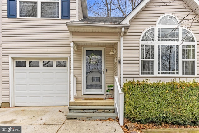 view of exterior entry featuring an attached garage and concrete driveway