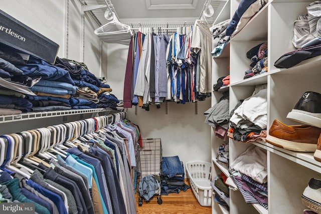 walk in closet with attic access and wood finished floors