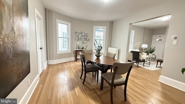 dining room featuring light wood-style floors, radiator heating unit, and baseboards