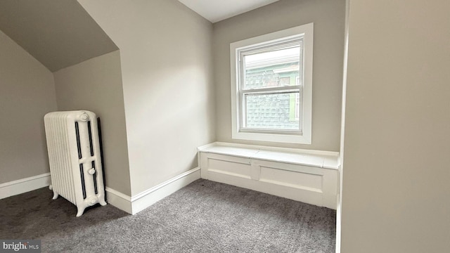 interior details featuring carpet, radiator, and baseboards