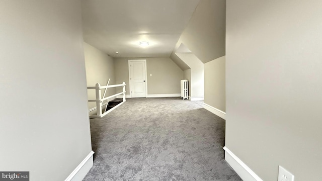 additional living space featuring lofted ceiling, radiator heating unit, carpet, and baseboards