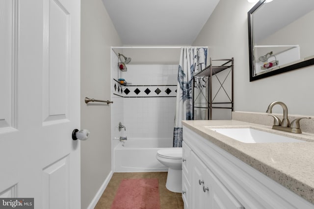 bathroom with tile patterned flooring, baseboards, toilet, shower / bath combination with curtain, and vanity