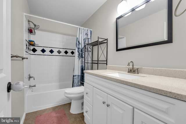 bathroom featuring tile patterned floors, toilet, vanity, and shower / bath combination with curtain