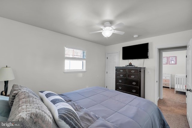 bedroom featuring carpet flooring and ceiling fan