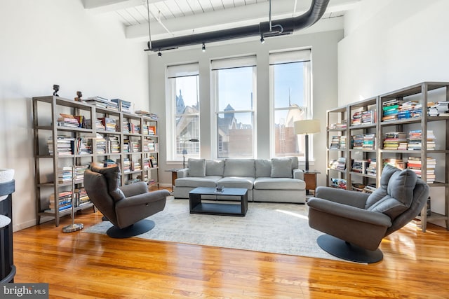 living area featuring beamed ceiling, wood finished floors, a towering ceiling, and a healthy amount of sunlight