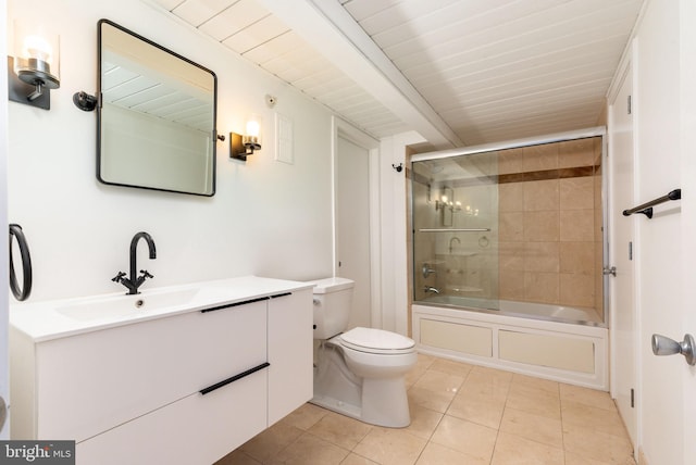 full bathroom with vanity, tile patterned floors, toilet, and enclosed tub / shower combo