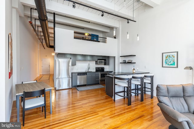 kitchen featuring gray cabinetry, a sink, light wood-style floors, appliances with stainless steel finishes, and a towering ceiling