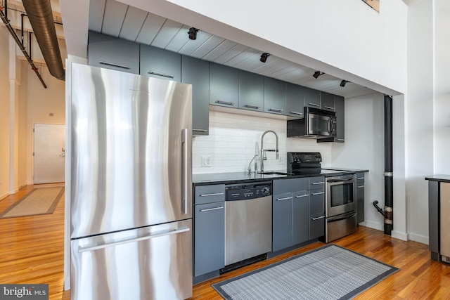 kitchen with light wood-type flooring, a sink, dark countertops, backsplash, and stainless steel appliances