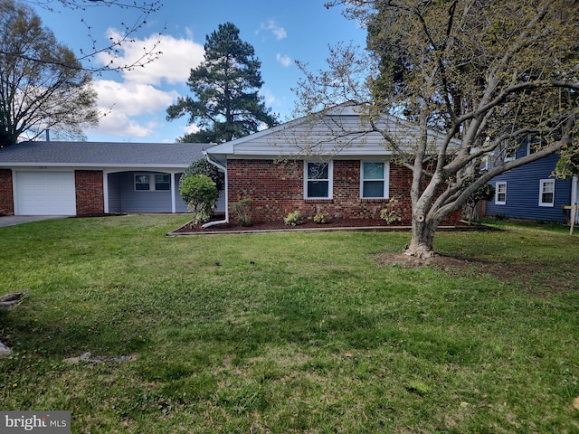 ranch-style house with a front yard, brick siding, driveway, and an attached garage