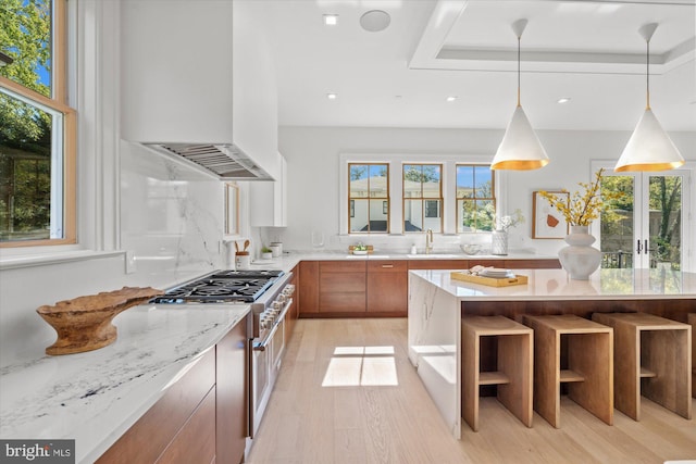 kitchen with custom exhaust hood, high end stainless steel range oven, brown cabinetry, a sink, and modern cabinets