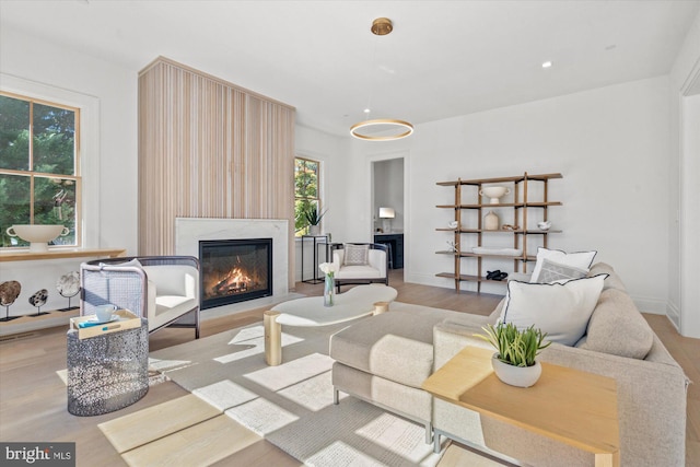 living area with a glass covered fireplace, recessed lighting, baseboards, and wood finished floors