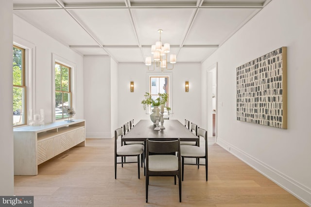 dining room with light wood-type flooring, coffered ceiling, baseboards, and an inviting chandelier