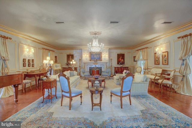 living room featuring visible vents, a decorative wall, and an inviting chandelier