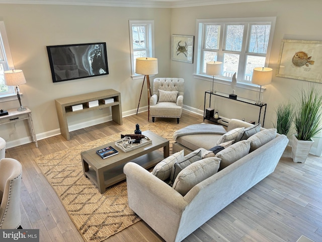 living room featuring baseboards, wood finished floors, and ornamental molding