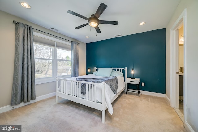 carpeted bedroom with visible vents, recessed lighting, and baseboards