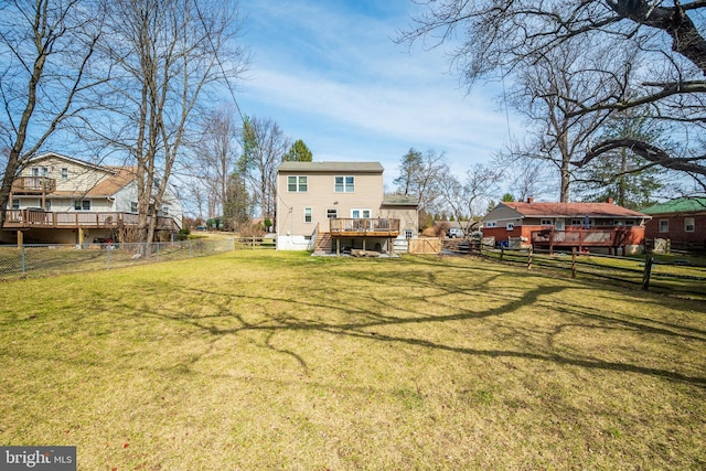 view of yard with a wooden deck and a fenced backyard