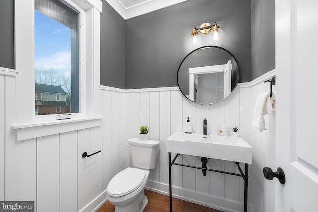 half bathroom featuring toilet, a sink, wood finished floors, and wainscoting