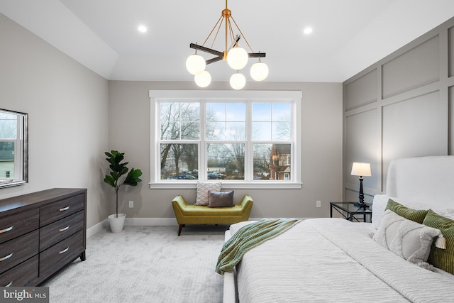 bedroom featuring light carpet, recessed lighting, a notable chandelier, and baseboards