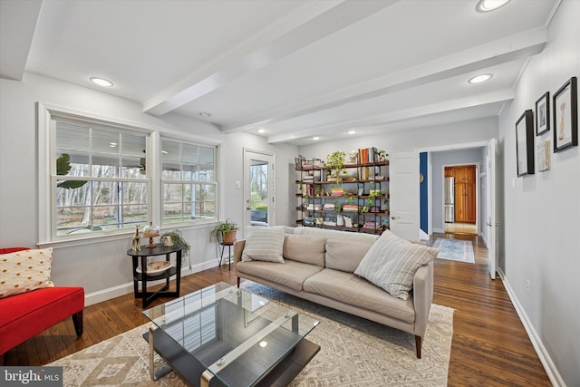 living room featuring beam ceiling, recessed lighting, wood finished floors, and baseboards