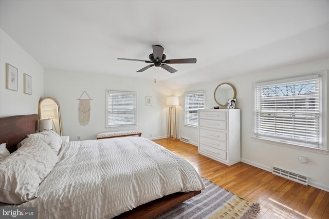 bedroom with visible vents, baseboards, ceiling fan, and light wood finished floors