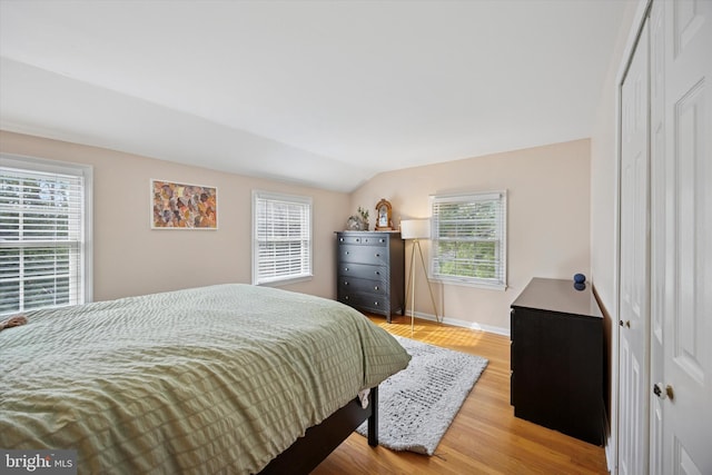 bedroom with vaulted ceiling, multiple windows, and wood finished floors