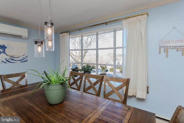 dining area featuring a baseboard radiator, plenty of natural light, ornamental molding, and a wall unit AC