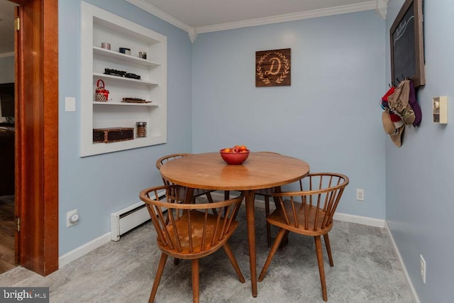 dining area featuring built in features, a baseboard heating unit, baseboards, and crown molding