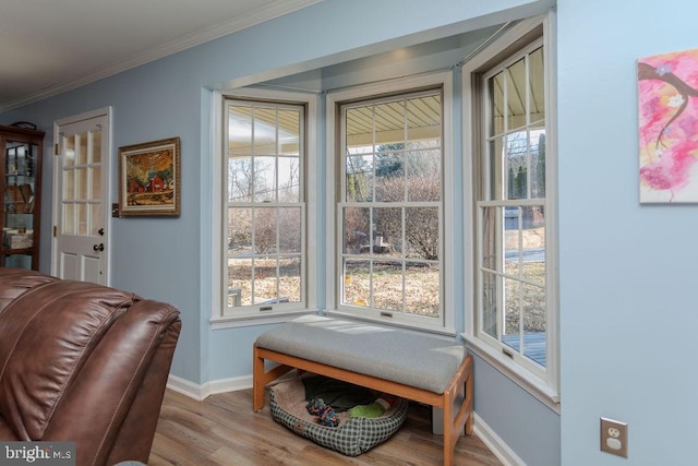 sitting room with wood finished floors, baseboards, and ornamental molding