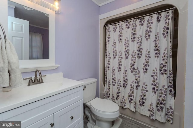 bathroom featuring vanity, toilet, and shower / tub combo with curtain