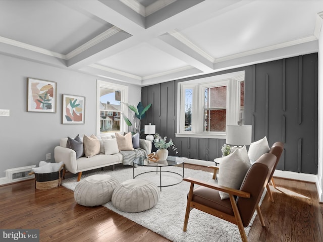 living room featuring visible vents, ornamental molding, beam ceiling, wood finished floors, and coffered ceiling