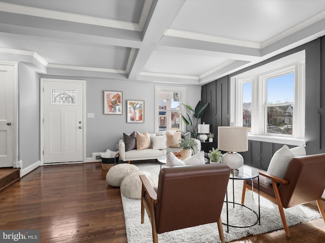 living room featuring baseboards, coffered ceiling, beam ceiling, dark wood-style flooring, and crown molding