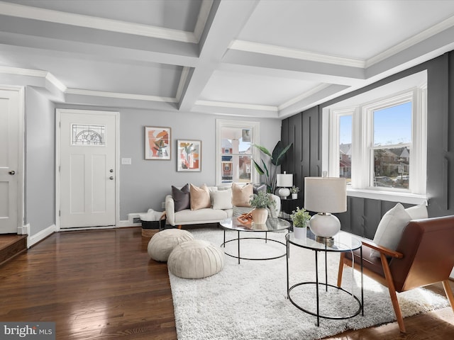 living area featuring dark wood-style floors, plenty of natural light, coffered ceiling, and baseboards